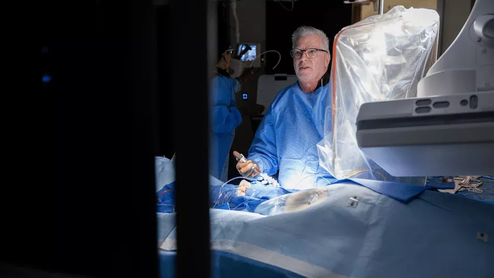 Cardiologist Robert Armbruster, MD, performs a cardiac catheterization at Methodist Jennie Edmundson Hospital. 