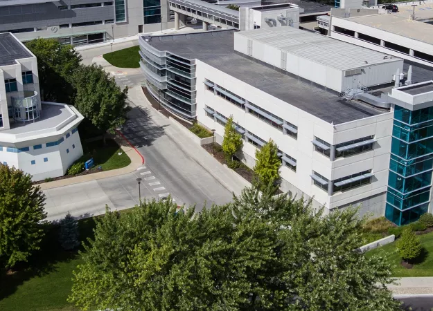 Aerial photo of the Methodist Pathology Center (right) with Methodist Estabrook Cancer Center on the left.